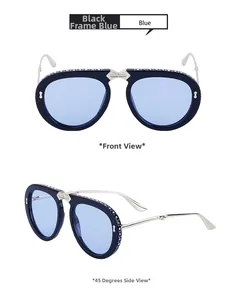 Front and side views of oversized pilot sunglasses with rhinestone edges and blue lenses