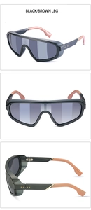 Detail view of steampunk wraparound sunglasses with gold rivets and black brown legs