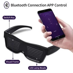 Smart LED glasses with Bluetooth APP control showing customizable glowing patterns