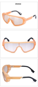 Three-angle views of orange steampunk sunglasses with black frames and UV protection