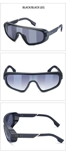 Steampunk oversized shield sunglasses with black frames and gold rivet detail views
