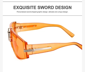 Detailed view of silver sword-shaped hinge design on translucent orange sunglasses