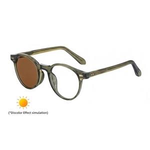 Round photochromic sunglasses with olive green frames and brown tint transition lenses