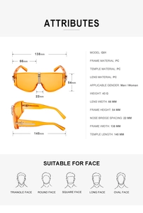 Detailed dimensions of orange oversized sunglasses showing PC frame and temple lengths