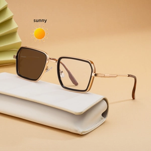 Men's square punk photochromic sunglasses with gold-black metal frame and case