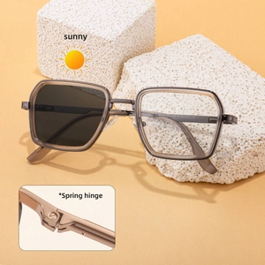 Square photochromic sunglasses with spring hinges in transparent grey frame for men