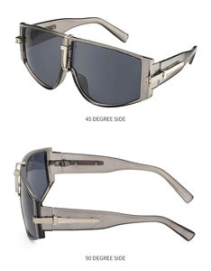 Detail view of oversized sunglasses with silver gear accents from 45 and 90 degree angles