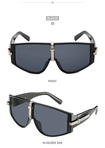 Front and side view of black oversized shield sunglasses with silver metal accents