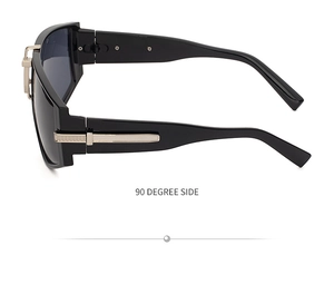 Detailed 90-degree side view of black wide-frame sunglasses with gold metal accents