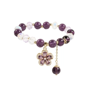 Deep purple crystal beaded bracelet with five-petal flower pendant and gold tassel