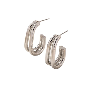 Minimalist silver-colored double U-shaped earrings with polished metallic finish and C-curve design