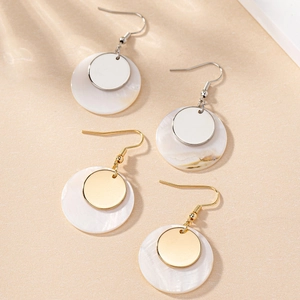Fashionable shell disc earrings in gold and silver set with minimalist double layer design