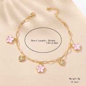Gold anklet with pink flower and heart charms, 20+6cm length and 8g weight details