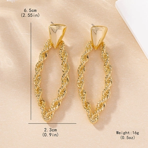 Elegant gold twisted rope oval dangle earrings with minimalist triangle stud design