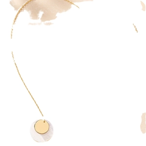 Minimalist double layer necklace with gold metal disc and white shell round pendant