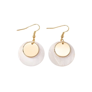 Chic golden shell disc drop earrings featuring shimmering mother-of-pearl accents