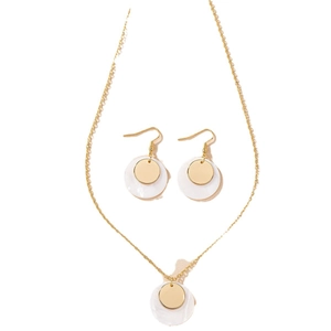 Elegant gold jewelry set featuring shell round disc necklace and matching hook earrings