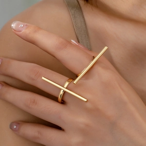 Minimalist Geometric Bar Open Rings Alloy Golden Adjustable Jewelry For Women Chic Fashion Accessory Trendy Style