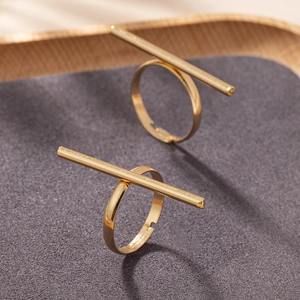 Minimalist gold geometric bar ring set with adjustable open band for women