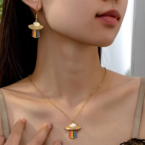 Rainbow UFO Enamel Pendant Necklace Earring Jewelry Set Alloy Creative Fashion Novelty For Women Girls
