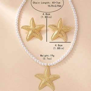 Parure bijoux étoile de mer dorée avec collier perles et boucles d'oreilles 4,8cm