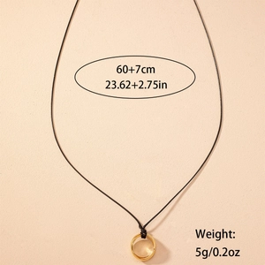 Three gold interlocking rings necklace with adjustable black cord 60+7cm length