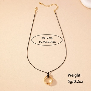 Three-ring geometric pendant necklace on black cord with adjustable chain length
