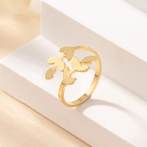 Elegant gold leaf ring with double-row intertwined branch design on white background