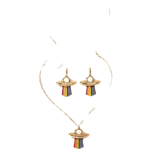 Rainbow UFO jewelry set featuring gold necklace and earrings with colorful enamel beams