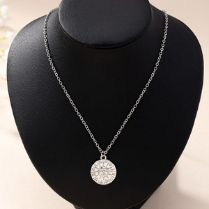 Silver zodiac sun coin pendant necklace with minimalist O-chain for retro astrology fashion