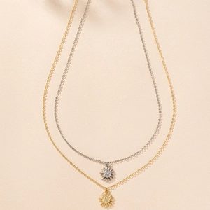 Elegant gold and silver sun face pendant necklaces set with vintage sunburst charm