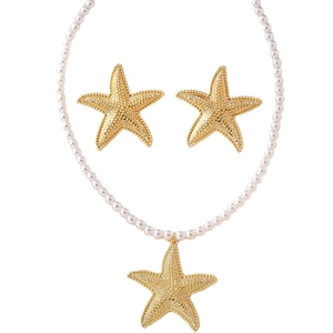 Ensemble bijoux collier de perles pendentif étoile de mer dorée et boucles d'oreilles