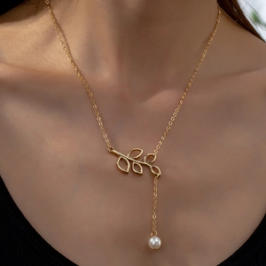 Elegant Hollow Leaf Pendant Necklace With Artificial Pearl Zinc Alloy Gold Plated Jewelry For Women Everyday Accessory