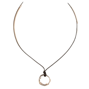 Three-tone interlocking circle pendant necklace with black cord cord, minimalist style