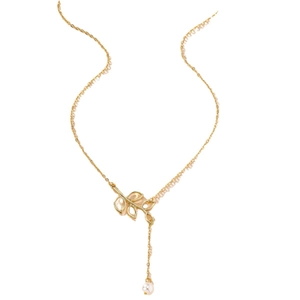 Elegant gold Y-shaped necklace with a hollow leaf pendant and a small round pearl