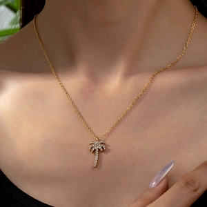 Palm Tree Pendant Necklace Alloy Rhinestone Summer Beach Vacation Style Fashionable Jewelry For Women Gold Tone