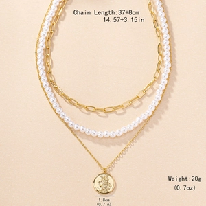 Three-layer gold coin and pearl necklace set with paperclip chain and portrait pendant