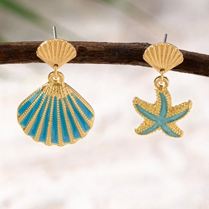 Asymmetric starfish and seashell drop earrings in gold and blue for summer vacations