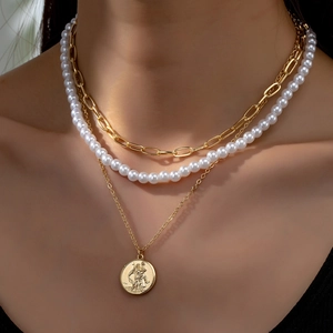 Layered Necklace For Women Zinc Alloy Imitation Artificial Pearl Paperclip Chain Vintage Religious Coin Portrait Pendant Fashion