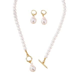 French style baroque pearl jewelry set with gold toggle necklace and hoop earrings