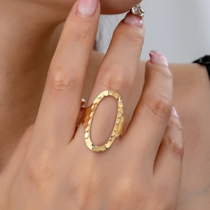 Alloy Gold Hammered Texture Oval Hollow Open Ring Adjustable Minimalist Fashion Jewelry For Women