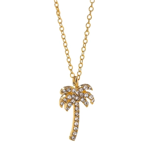 Golden coconut tree pendant necklace with white crystals on a minimalist thin O-chain