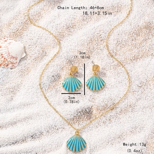 Blue shell pendant necklace and earrings set with gold finish for beach vacation
