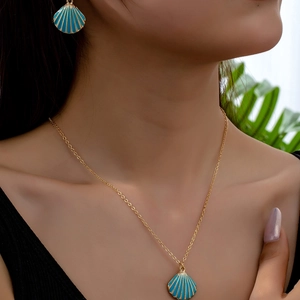Enamel Shell Jewelry Necklace And Earrings Gold Plated Alloy Scallop Pendant Summer Ocean Beach Style For Women