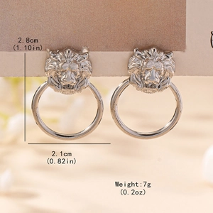 Polished silver lion head door knocker earrings with dimensional ring measurements