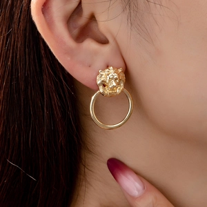 Retro Lion Head Door Knocker Stud Earrings Vintage Zinc Alloy Round Hoop Dangle Statement Fashion Jewelry For Women