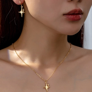 Alloy Four-Pointed Star Necklace And Earrings Elegant Fashion Gold Silver Color Accessories For Women