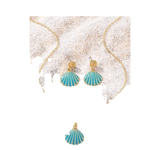 Blue enamel shell jewelry set with gold studs and necklace on white sand backdrop