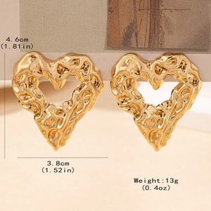 Golden heart earrings with lava texture, dimensions shown 4.6cm height and 3.8cm width