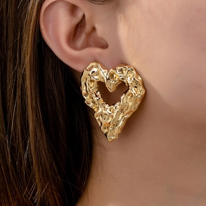 Hollow Heart Stud Earrings Lava Texture Hammered Metal Alloy Retro Niche Fashion Jewelry For Women
